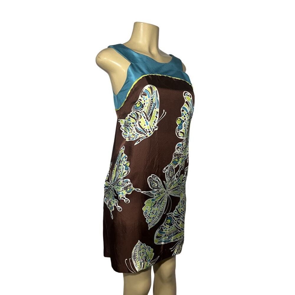 Donna Morgan 100% Silk Sheath Dress Size 4 Brown Blue Butterflies Art to Wear